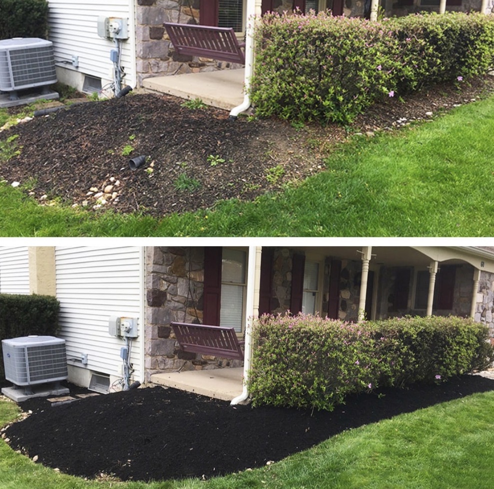 Landscape bed before and after fresh black mulch installation